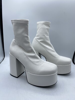 Easyfox White Chunky Platform Boots for Women Mid Calf High Heels Ankle  Booties