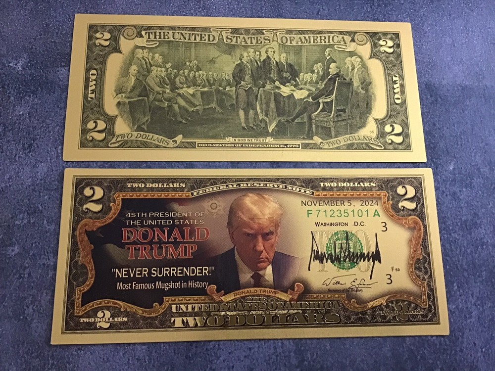 DONALD TRUMP Gold Plated Foil $2 Bill (Famous Mug Shot) 2 Dollar Novelty