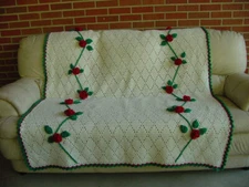 Handmade Crochet 3D Rose Flower Floral Afghan Lap Blanket Couch Throw 53" X 74"