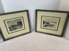 Lot of Two Vintage ALBERT EDEL "Cape Cod Artist" signed Pencil Etchings. Nice!