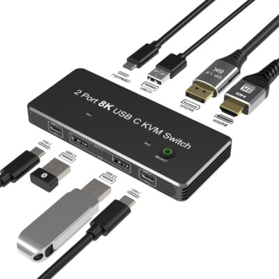 Thunderbolt 3/4 KVM Switch USB-C to Displayport HDMI with 3Port USB2.0 8K DP 1.4