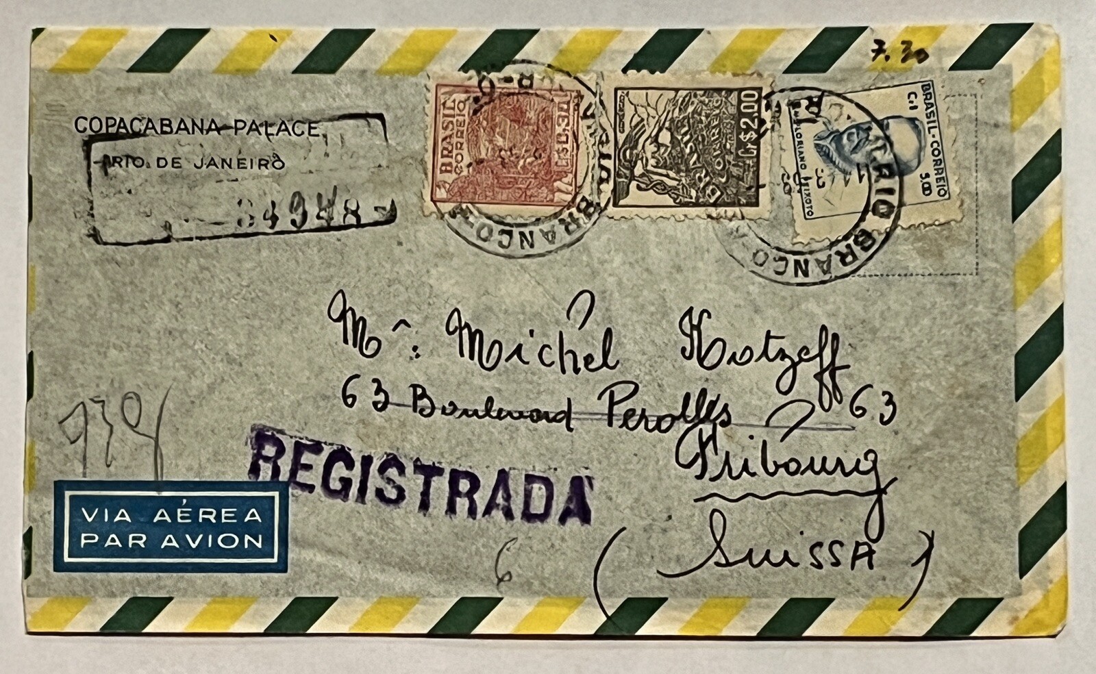 UNIQUE 1953 REGISTERED BRAZIL COVER SENT TO SWITZERLAND