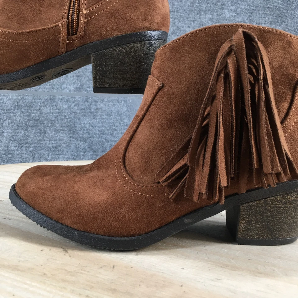 Faded Glory Boots Womens 6 Fringe Casual Zip Ankle Bootie Brown Fabric Heels - Image 3 of 4