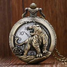 Retro TIGER Vintage Classic Bronze Pocket Watch Classic Flip Quartz Chain Gift