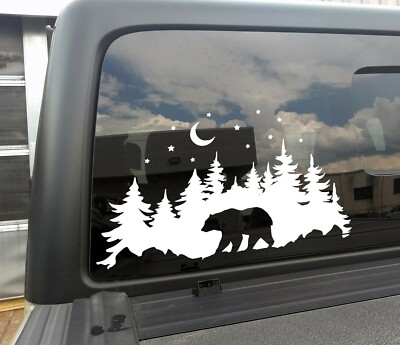 Bear in Forest Moon Stars V1 Vinyl Decal - RV Graphics Scene Camping PNW Die Cut