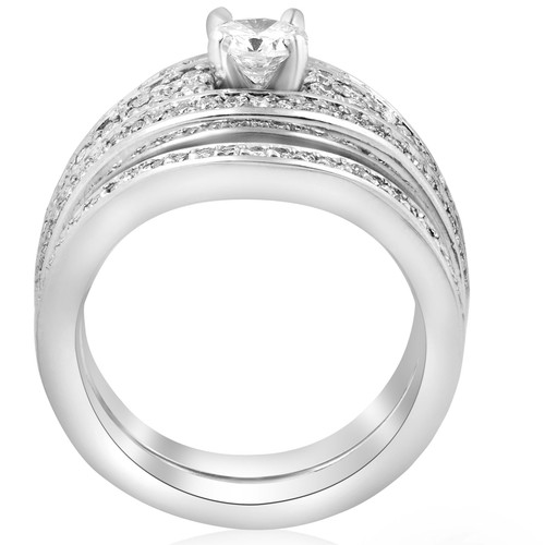 1/10ct Diamond Pave Wide Engagement Wedding Ring Set 14K White Gold - Picture 3 of 4