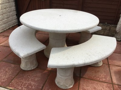 White Stone Circular Garden Table With 3 Double Benches Seats 6