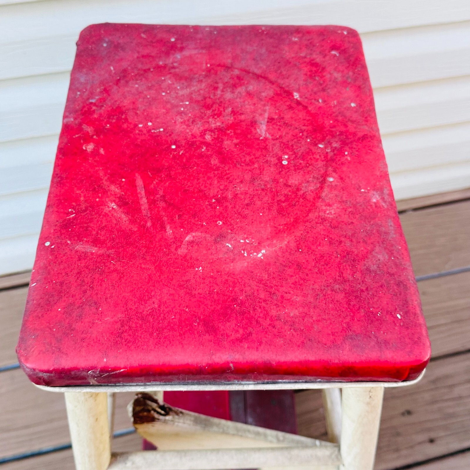 vtg wood step stool fold out steps White w red farmhouse 50s