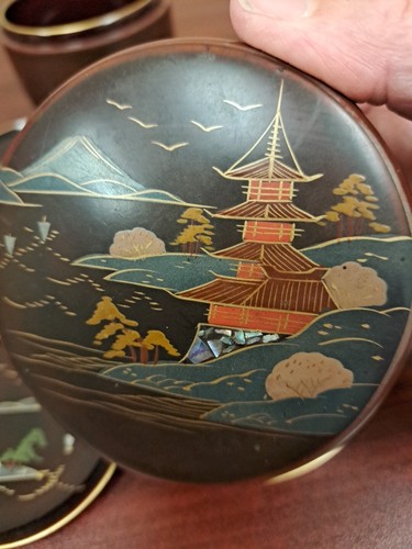 Vtg Aizu Japan Lacquer Coaster Set 8 w Box Mt Fuji Pagoda Brown Asian 3" Round - Picture 2 of 9