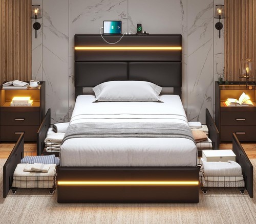 Twin Bed Frame with Storage Drawers & Headboard LED Upholstered Bed Frame Black - Picture 3 of 9