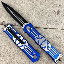 Falcon 3D Mold Punisher Skull Spring Assist Stiletto Knife Black Blue Bare Metal
