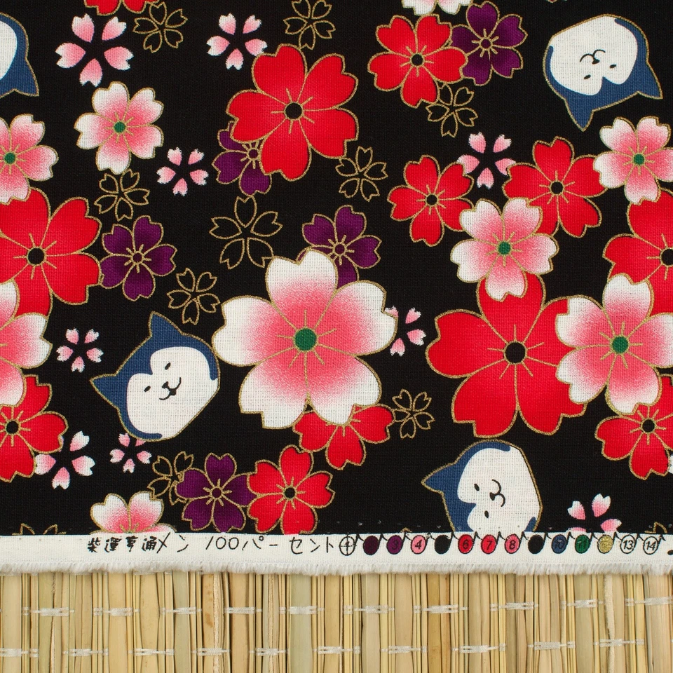 Black Japanese Hachiko Dog And Sakura Fabric Cotton Fat Quarter FQ #F00164 - image 2 of 4