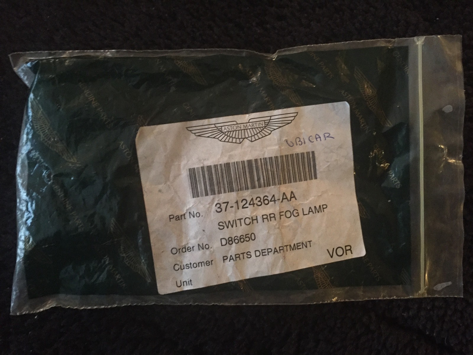 Aston Martin DB7 Vantage Rear Fog Lamp Switch 37-124364-AA NOS OEM 2000-03