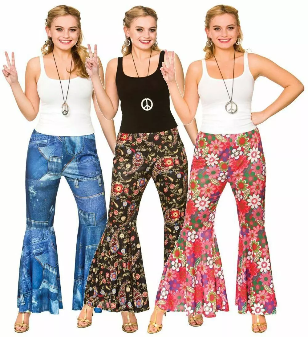 Ladies Hippy Hippie Flared Pants 1960s 60s Fancy Dress Costume