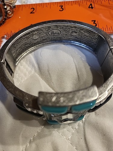 Lia Sophia Art Deco Novelle Hinged Cuff Bracelet Silver Rhinestone & Turquoise - Picture 2 of 9