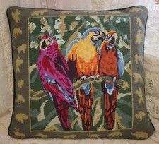 14" Vintage Needlepoint Parrot Pillow Cover Tropical Bird Design Decor