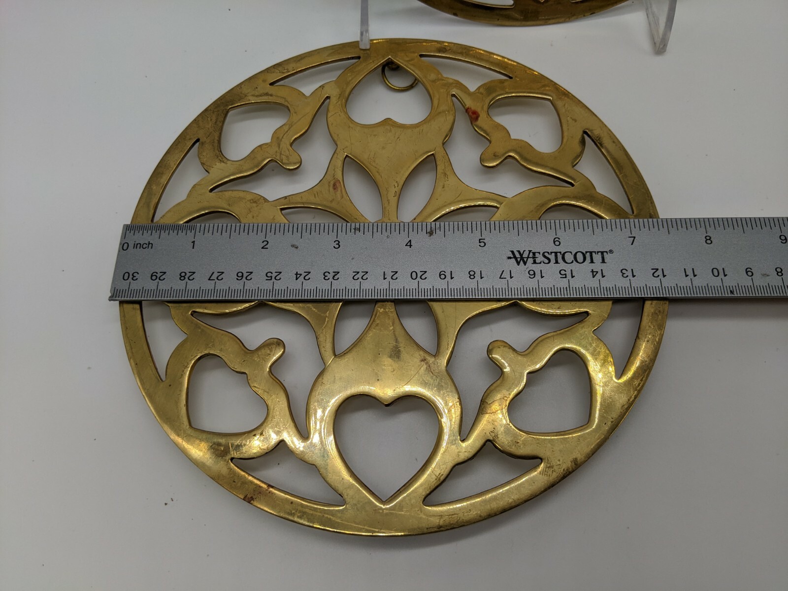 Vintage Pair Round Brass w Hearts Trivets Hot Pad Kitchen Wall Boho