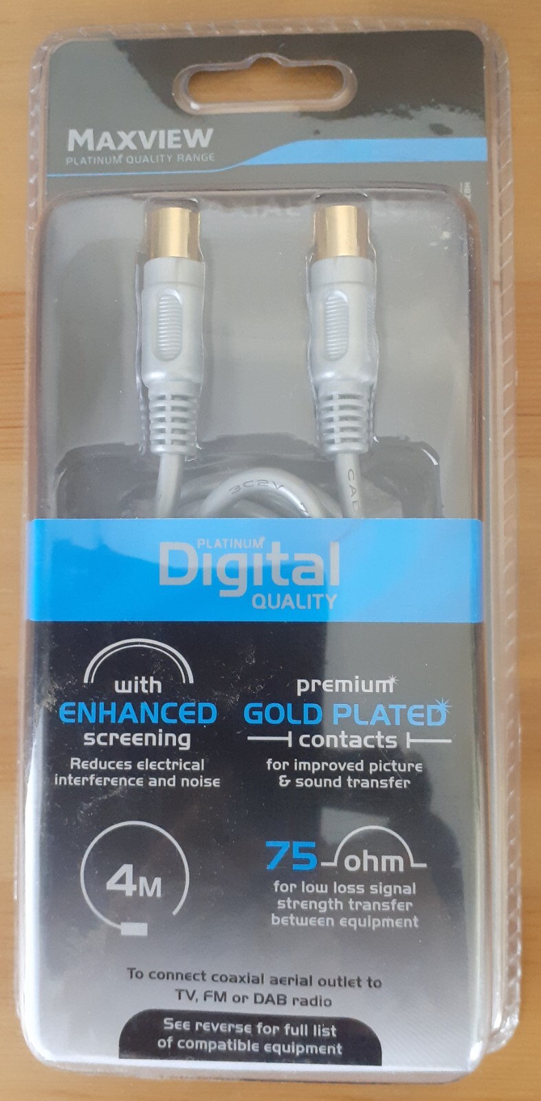 Maxview Coaxial Flylead Digital Quality 4m Caravan/Motorhome Gold Plated
