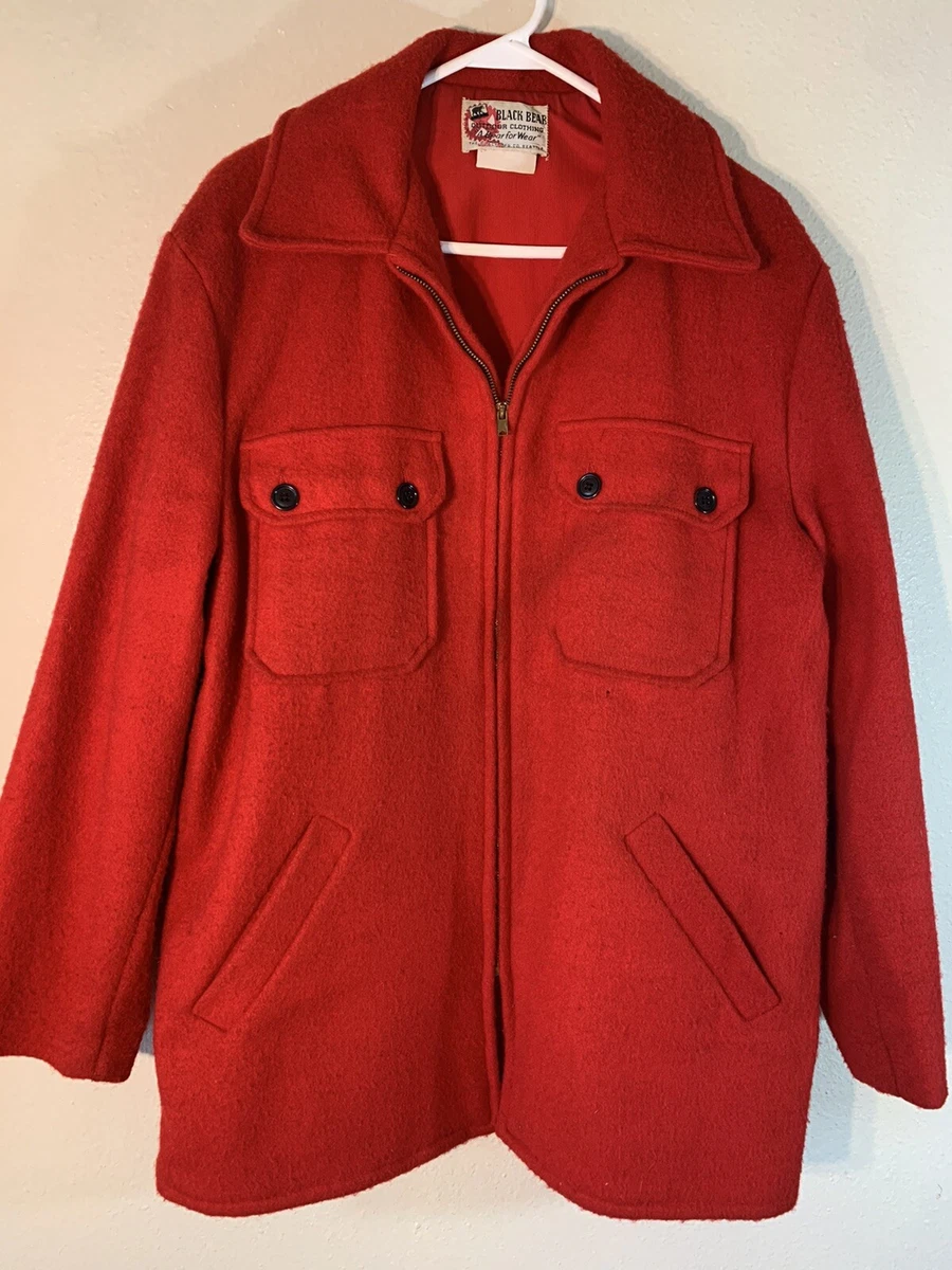 Vintage Men's Large Black Bear Brand 50's Wool Red Zip Hunting