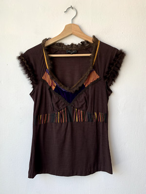 Etro Milano Womens Top Shirt Wool and Silk Fur Detail Size 44 Medium Sleeveless