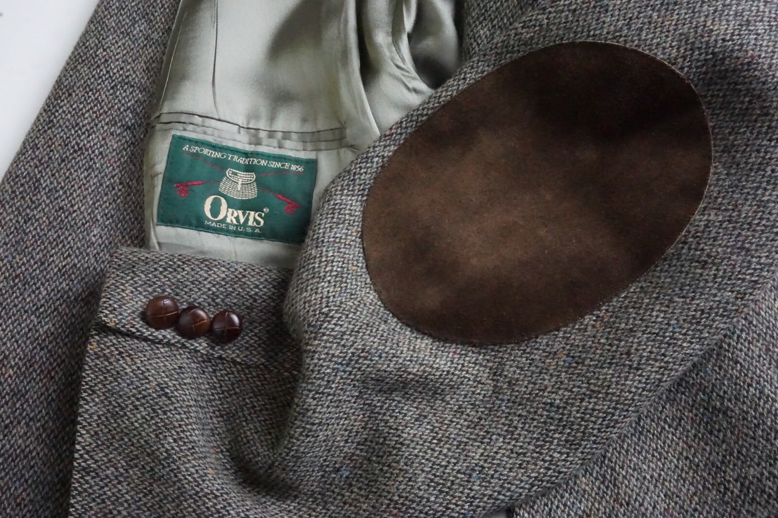 Orvis Tweed Brown Donegal Woven Suede Elbow Pad Sport Coat Jacket Sz