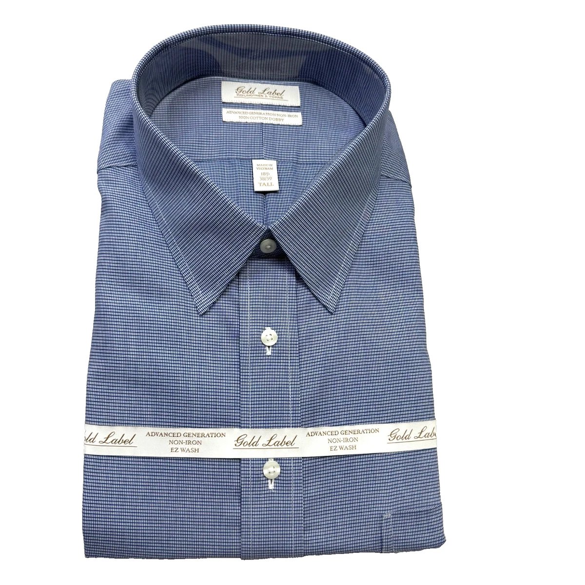 Roundtree & Yorke Dress Shirt Mens 18 36/37 Tall White Blue Check Long  Sleeve Button-Down Collar Non-Iron Easy Care 100% Cotton