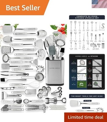 54-Piece Stainless Steel Kitchen Utensils Set - Heat-Resistant Nonstick Silic...