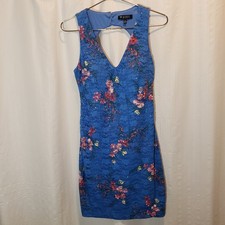 GUESS Women's Size 8 Open Back Stretch Dress Lace Sequin Blue with Flowers