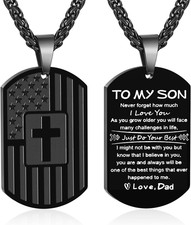 Men Cross Dog Tag Necklace American Flag Christian Gift for Son Dad