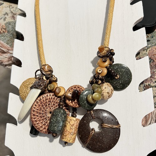 Artisan 15” Necklace Earth Tone Mixed Dangle Leather Corded Gemstone - Picture 1 of 9