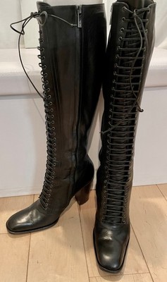 YSL Rive Gauche by Tom Ford 2001 Runway Black Leather Knee High Boots 37.5