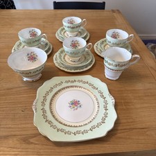 rare antique vintage Gladstone Fine Bone China Tea Set Green gilt + roses vgc