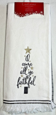 LADINNE KITCHEN TOWELS (2) WHITE GRAY O COME ALL YE FAITHFUL 20 X 30 NIP