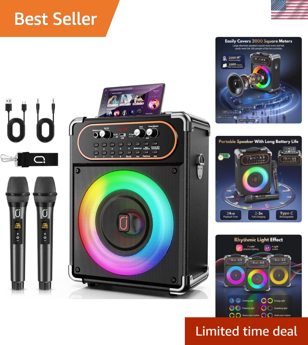 Karaoke Machine, Portable Bluetooth 5.3 Speaker with 2 Wireless