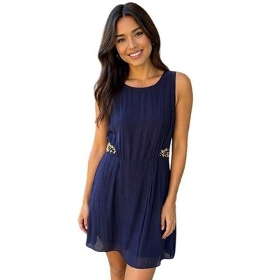 ZARA BASIC. Beautiful Sleeveless Navy dress, gold embroidery on  sides o 