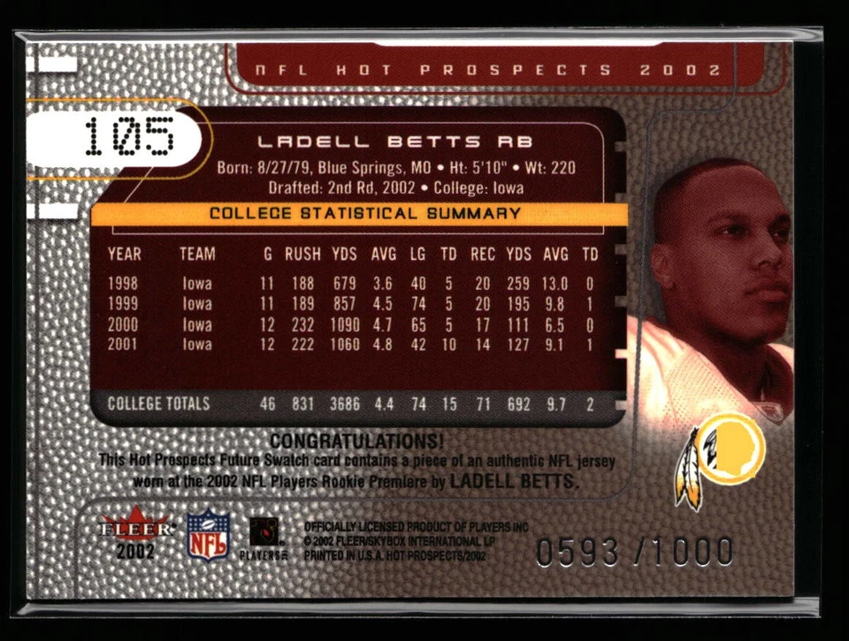 Ladell Betts 2002 Fleer Hot Prospects #105 Future Swatch #/1000 Rookie Redskins - Image 2 of 2