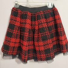 Girls Red Black Plaid Tweed Pull on Skirt Double Lined Sz7-8 Sparkley Holiday