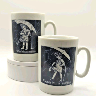 Vtg Morton Salt Girl 1914, 1921 Logos Coffee Mug ''When It Rains It Pours'' Set 2