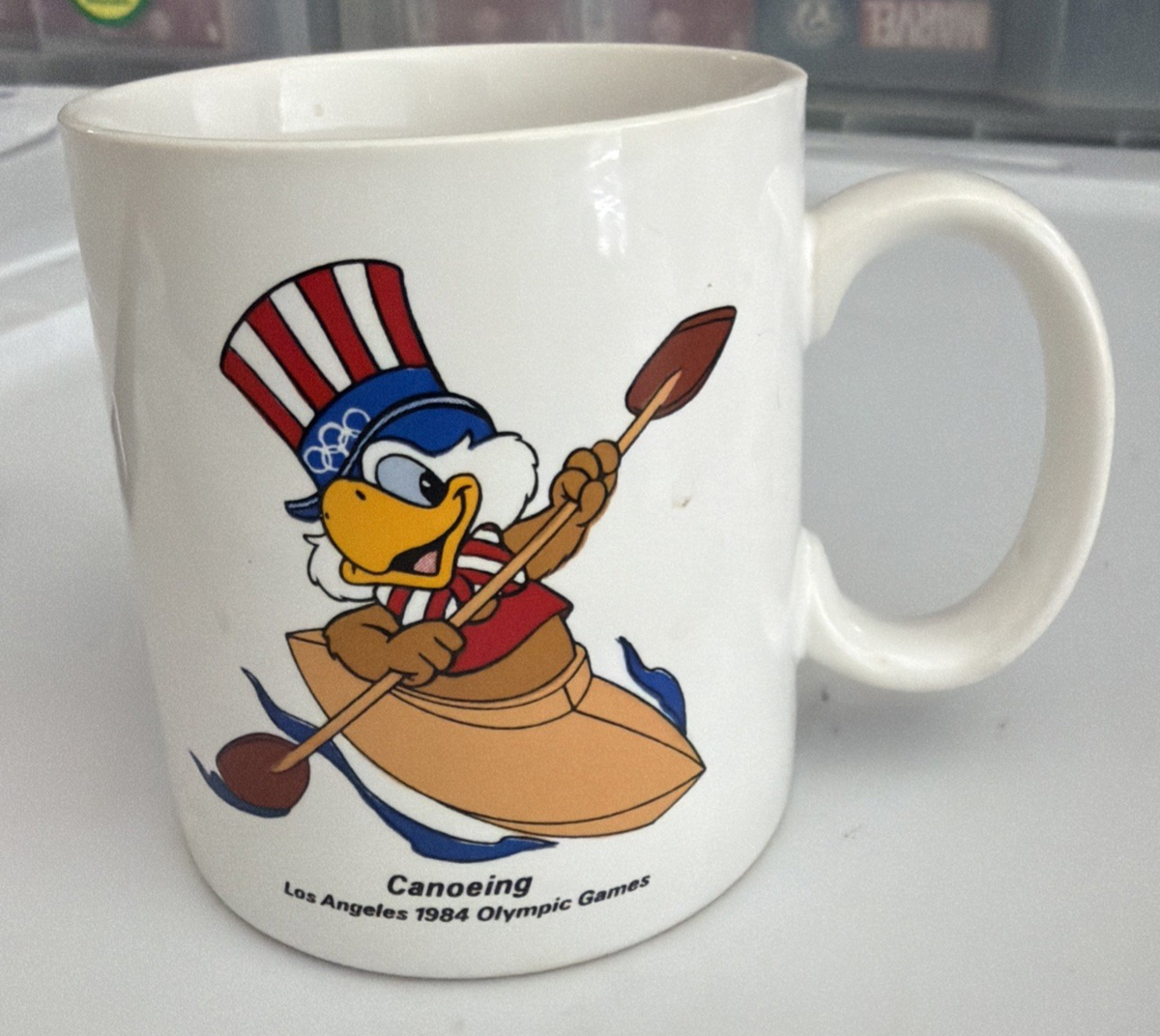 vintage 1984 Los Angeles Olympic Coffee Mug Cup Canoeing Sam the Eagle |  eBay