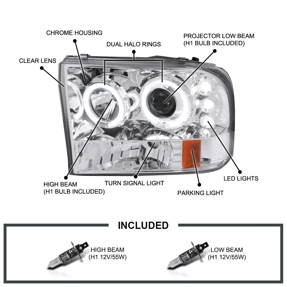 Fits 1999-2004 Ford F250 F350 SuperDuty LED Halo Projector Headlights Left+Right - Image 3 of 4