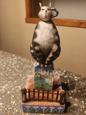 JIM SHORE Heartwood Creek ''Sleep Tight'' Cat Figurine On Tombstone Floral Base