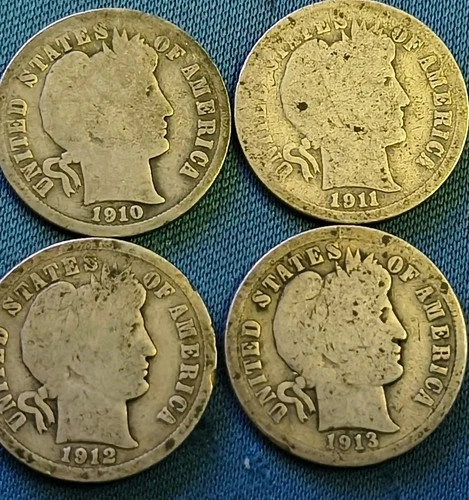 Barber Head Silver Dimes Lot of 4 10,11,12,13 Dates in order 90%SILVER