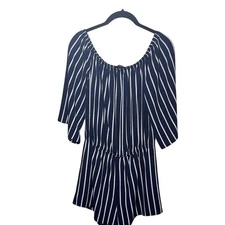 Forever 21 Blue Striped Off Shoulder Ruffle Sleeve Romper, Medium