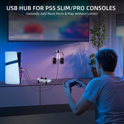 RGB USB Hub for PS5 Pro Slim 6 Ports for Charge and Data Functionality