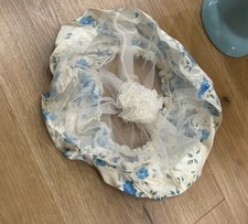 Vintage Blue Floral Boudoir Cap Lingerie Hair Cover Lace Nylon Vanity