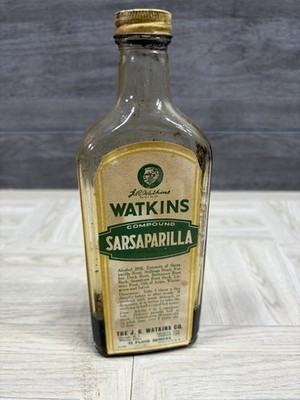 Watkins Sarsaparilla Compound Antique Bottle Fallout 11 Oz Decor Art Deco MCM
