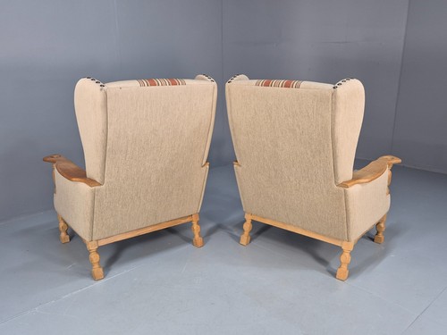 Vintage Wingback Chairs Henning Kjaernulf Oak Beige Orange Striped EB9923 VCLO - Picture 13 of 19