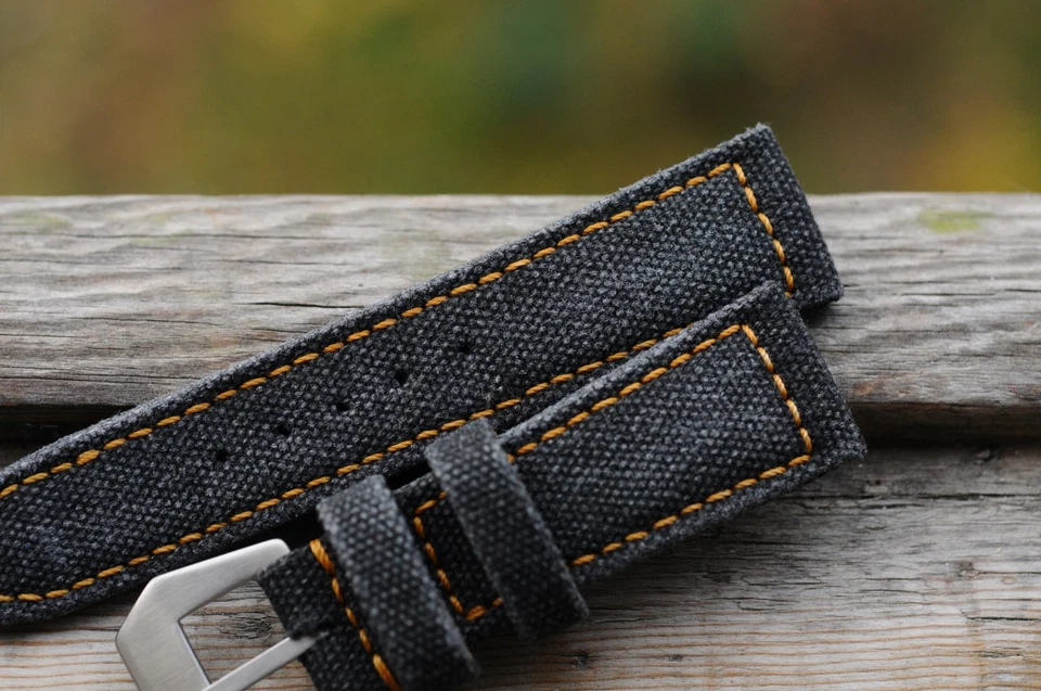 Correa de reloj de lona hecha a mano negra envejecida 26/22 mm *Listo para usar *US-DutyPaid Foto 2 de 4