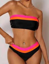 Women's Strapless Bandeau Bikini 2-Piece Colourblock Hipster – Black XL UK 12 14