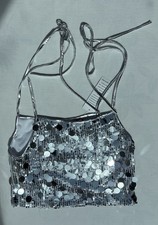 Girls Silver Sequin Mirror Disc Crop Top Dance Party Costume New - Size 13-14yrs